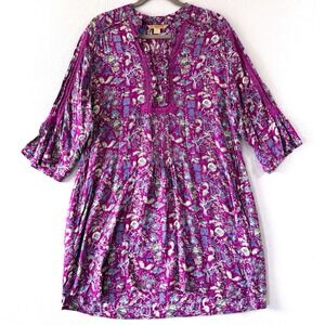 Vintage April Cornell Dress Womens XL Rayon Floral Asian Print Crochet Pockets